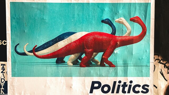 Drei Langhalsdinosaurier in blau, weiß und rot vor türkisem Hintergrund. Drunter steht auf Englisch: Politics.
